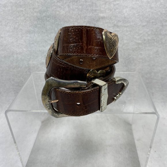 Vtg Brighton Sz L Brown Leather Belt 40409 Heart Links Silvertone Womens Western Vintage Brighton Womens Brown Leather Silvertone Belt Sz  main image 2
